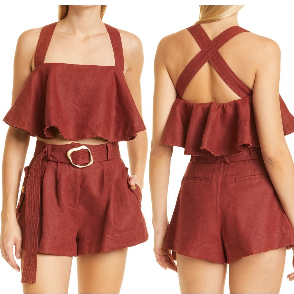 Aje Flounce linen crop top